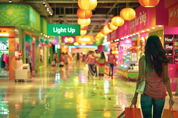 Embark on a shopping spree amidst vibrant festival offers against a backdrop of electric lime. "Light Up Your Savings - Shop Now!"