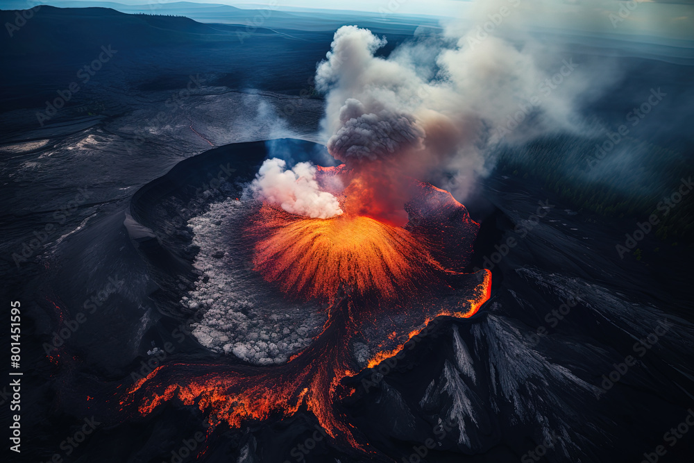 Wall mural volcano eruption from a bird view. volcano crater and magma flow shot from above. genertated ai.