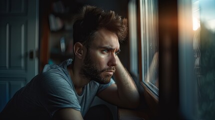 Portrait of a young man with contemplative expression at the window.