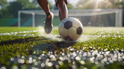 A image of a soccer player's foot striking a ball.