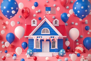 house decorated by USA flags and balloons to celebrate Independence day in the style of flat illustration
