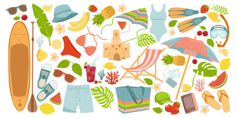 Set of cute vector summer stickers. Elements of the collection for summer holidays. Collection of scrapbooking elements: cocktail, bag, fruit, bikini, beach hat. Icons, signs, banners. Bright summer p