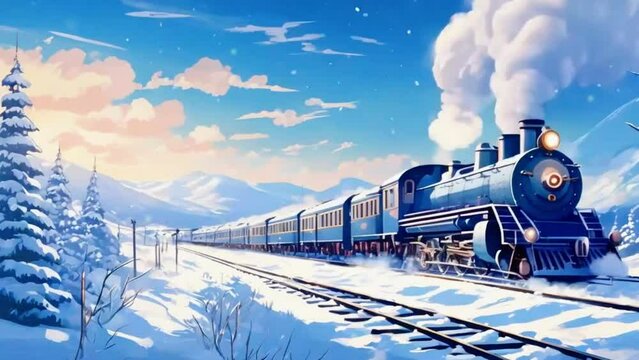 Winter train chugging through a snowy landscape, Christmas and New Year holiday concept, Anime style Seamless loop hip-hop chill music lofi bites vibes animation