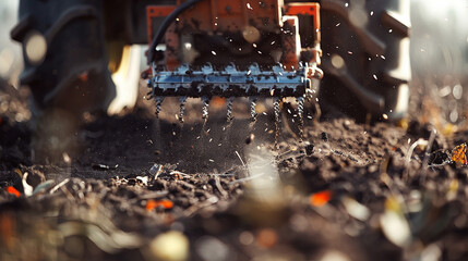 : A close-up of a mechanical seed spreader, releasing tiny seeds into the rich, dark soil with precision.