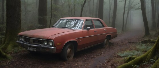 Fototapeta premium Abandoned red car in the forest
