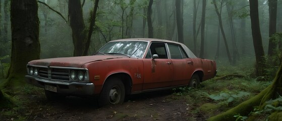 Abandoned red car in the forest