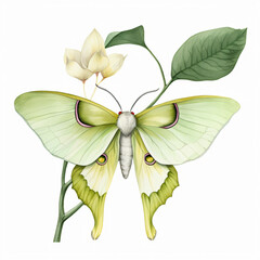 Delicate Luna Moth on White Blossoms - Pencil Drawn Nature Scene butterflt green leaves white flower Chinoiserie 