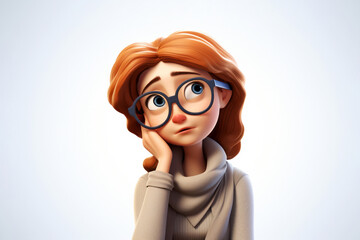 Sad stressed upset cartoon character adult woman female person wearing big glasses and beige sweater in 3d style design on light background. Human people feelings expression concept