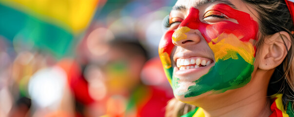Happy Bolivian female supporter with face painted in Bolivian flag colors, Bolivian fan at a sports event such as football, soccer or rugby match, blurry stadium background
