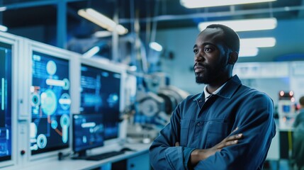 Portrait of a Thoughtful Middle Aged black Engineer Monitoring and Analyzing Conditions at a Modern Electronics Factory with Automated Robots Working. Quality inspector and manual worker in a factory.