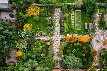 Aerial Eco-Gardening Guide: Diverse Sustainable Practices Displayed in an Organized Backyard