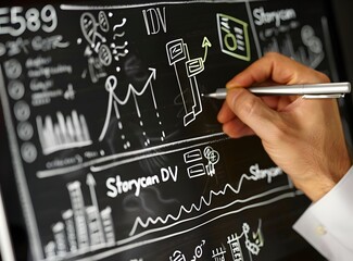 Businessman hand drawing a graph of business growth with a modern computer screen and social network diagram as a concept on a black background