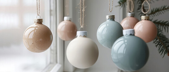 Pastel Christmas Ornaments Hanging by Window, Ideal for Modern Holiday Decoration. Banner