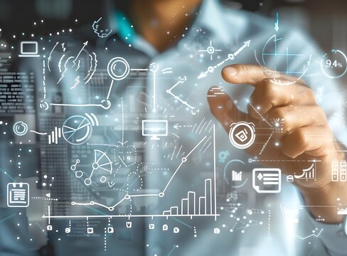 Businessman hand drawing graph of business growth and success on modern virtual screen with marketing strategy in the style of market concept background