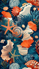 Variety of marine life illustration background with seashells, starfish, and coral in rich, detailed design