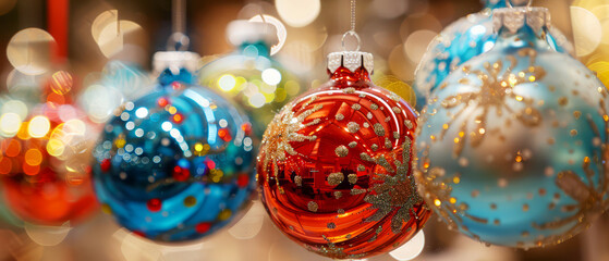 Festive Christmas balls with vibrant reflections and intricate decorations against glowing background