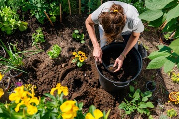 Sustainable Gardening: Young Adult Gardener Enriching Soil with Organic Compost in a Lush Backyard Garden