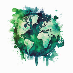 Vibrant Watercolor Earth Illustration, Eco-Friendly Green Planet Artwork, Global Environment Conservation, Earth Day	
