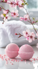 Pink bath bombs beside cherry blossoms on white bathroom counter, spa concept