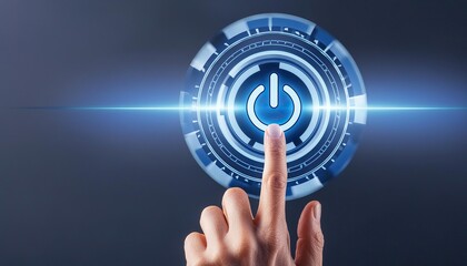 Close-up of a finger pressing a glowing blue power button 