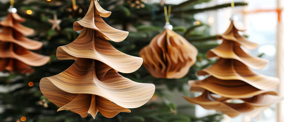 Artistic wooden Christmas trees and folded paper decorations hanging against festive background.