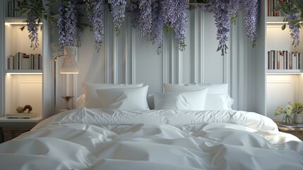 a bedroom adorned with white linen bedding, purple wisteria cascading from the ceiling, and a cozy bedside table featuring an LED lamp and two books.