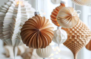 Elegant paper ornaments suspended against bright window, showcasing intricate craftsmanship and soft color palette.