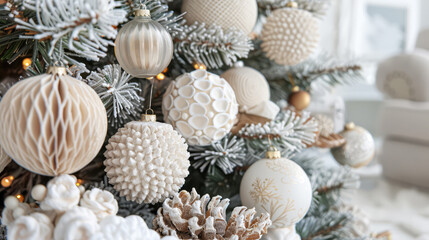 Sophisticated white and beige Christmas tree decorations with variety of textures and subtle tones.