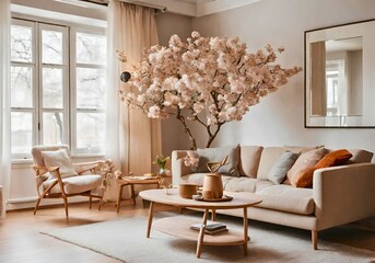 Stylish living room interior with comfortable sofa, coffee table and with blooming tree in vase