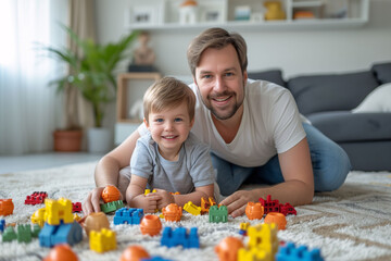 A father playing with his son with a set of building blocks. Father and son playing on the carpet. Concept of childhood, parenthood, and parent-child relationship.