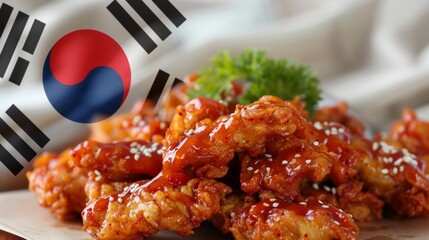 Korean Fried Chicken Korean fried chicken pieces topped with a juicy, delicious sauce. Beautiful colors, beautifully arranged And has the South Korean flag, looks premium.