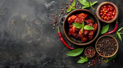Chicken wings with spices and herbs in bowl on dark background. Top view, copy space