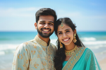 indian couple standing together on the beach