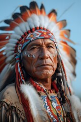Obraz premium A powerful portrayal of a Native American warrior, adorned in traditional regalia, embodying cultural pride.