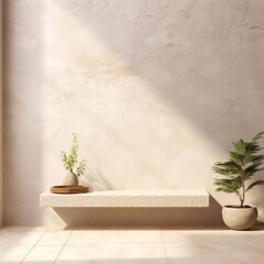 Beige minimalistic abstract empty stone wall mockup background for product presentation. Neutral industrial interior with light, plants