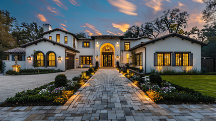 front view of beautiful white and black Spanish style home with dark brown accents, paver driveway, cinematic, Nikon D850 camera - Powered by Adobe
