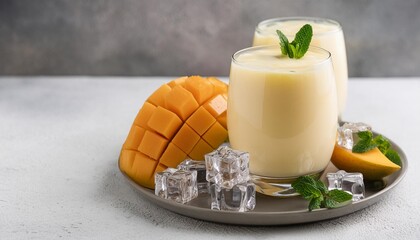 mango lassi with mint and mango ice cubes refreshing traditional indian yogurt fruit smoothie drink for summer heat