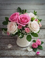 bouquet of roses on wooden background