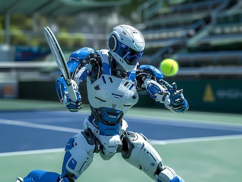 AI-Generated image of A robot is playing tennis with a tennis ball. The robot is wearing a blue and white outfit and is holding a tennis racket. The scene is set on a tennis court, and the robot appea