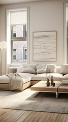 Fototapeta premium Bright airy living room with large windows and white walls