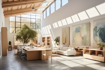 An open office space with a large tree in the center