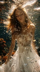 Obraz premium A woman in a white dress is swimming underwater with her eyes closed.