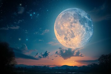 A beautiful landscape with a large moon in the night sky