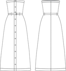buttoned belted sleeveless strapless long maxi midi a-line shirt dress template technical drawing flat sketch cad mockup fashion woman design style model
