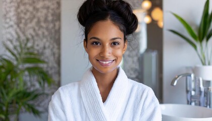 Beautiful woman wearing bathrobe in modern bathroom at home 