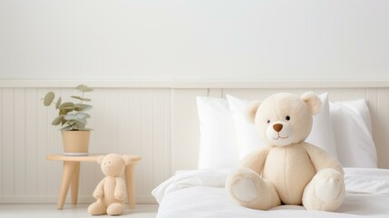 A cute teddy bear sitting on a bed with a plant in the background