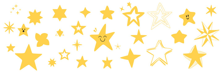 Obraz premium Collection of hand drawn stars, yellow color isolated. Hand drawn vector art.