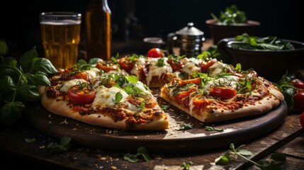 Fototapeta premium A delicious pizza with tomatoes, basil, and mozzarella cheese