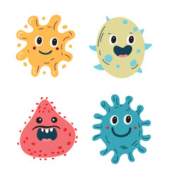 Set of cute microbes characters in flat style. Hand drawn vector art.