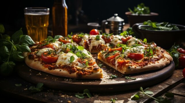 A delicious pizza with tomatoes, basil, and mozzarella cheese